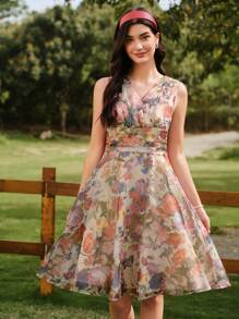 Vestido de mujer elegante vintage, vestido de verano/primavera con ajuste, estampado floral y cuello en V sin mangas, vestido con dobladillo de paraguas floral rosa - Albaricoque 2 - Ver 3