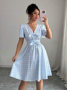 Elenzga Women Chic Short Sleeve Summer Dress (Random Print Design) - Blue and White - View 1