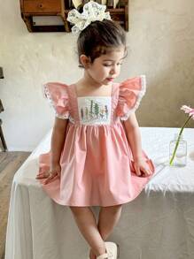 LMoss Kids Baby Mädchen Gestricktes Kleid mit Kontrast-Farbstickerei, quadratischem Kragen und Rüschenbesatz