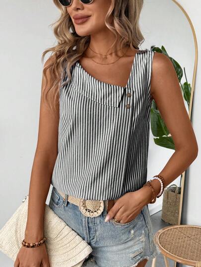 SHEIN LUNE Camisa informal de lino sin mangas a rayas blancas y negras con cuello asimétrico y botones decorativos para vacaciones