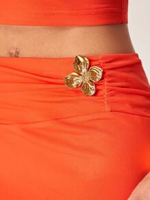 Silquee Women's Warm Orange Flower Metal Button Off-Shoulder Top + Metal Button Decorated Fishtail Skirt Two-Piece Suit, Summer, Women's Summer Clothes, Summer Outfits, Women's Beach Clothes, Women's Elegant Clothes, Women's Summer Clothes, Women's Beach Cover-Ups, Women's Elegant Dresses, Women's Cruise Clothes, Ibiza Clothes, Carnival Clothes/Carnival, Festivals Summer Festivals Beach Vacations, - Burnt Orange - View 7