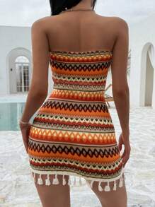 Sunnyshic Vestido fruncido con diseño sin tirantes, cintura entallada y dobladillo con flecos en un estilo patchwork de colores, con aire sexy y de europea y americana para vacaciones