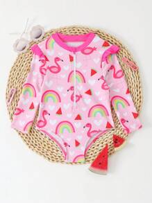 SHEIN Baby Girl Flamingo & Rainbow Print Ruffle Zipper Long Sleeve Swimsuit - Multicolor - View 3
