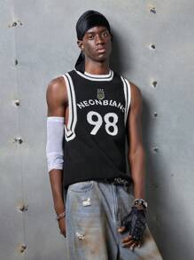 NEON BLANC Men's Street Fashion Knit Tank Top With Letters & Numbers, Sleeveless Crewneck Knitted Sweater Vest, Streetwear Inspired - Black - View 2