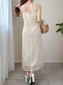 FRIFUL Women's Holiday Splicing Chiffon Mesh Strap Rose Flower Decor Straight Hem 2 In 1 Sweet Cream Yellow Long Dress, Ladies Summer Outfit, Graduation Dress, Wedding Guest Dress