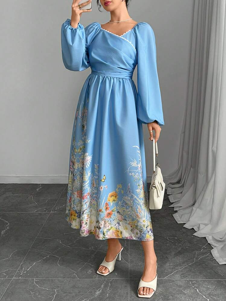 Modelyn Women's Elegant Mandarin Collar Lantern Sleeve Floral Print Dress Fall Cloth For Women - Baby Blue - View 4