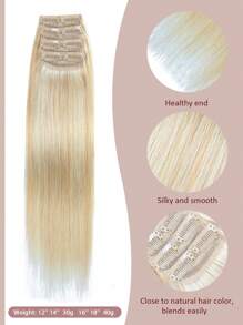 4 件装 8 个夹子直发接发 100% 真人发色 P27/613# 金色挑染浅金色 12-18 英寸双纬隐形夹发接发雷米天然真人发适合女性女孩日常全头使用