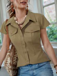 LanaWest Women's Simple Casual Solid Color Front Button Short Sleeve Shirt, Summer - Khaki - View 6