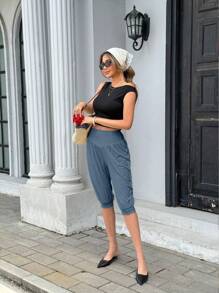 Chiquease Women's Solid Color High Waist 3/4 Yoga Pants, Summer Casual Wear - Grey - View 7