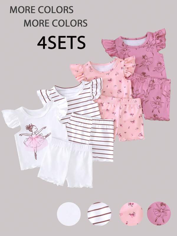 SHEIN 8pcs/Set Baby Girl 0-3Y Spring Summer Casual Daily & Outdoor Cute & Fun Ballet Girl Sleeveless Tee And Shorts 8pcs Outfit Set