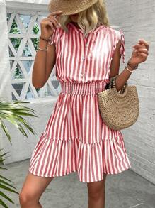 Calvaya Blue & White Striped Summer Dress With Shoulder Ruffle Bowknot And Waist Cinching For Women, Cotton