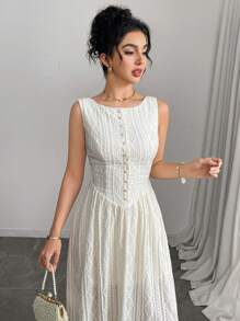 Modelyn Vestido Midi de Linha A com Cintura Franzida em Jacquard Elegante para Mulheres - Bege - Visão 1