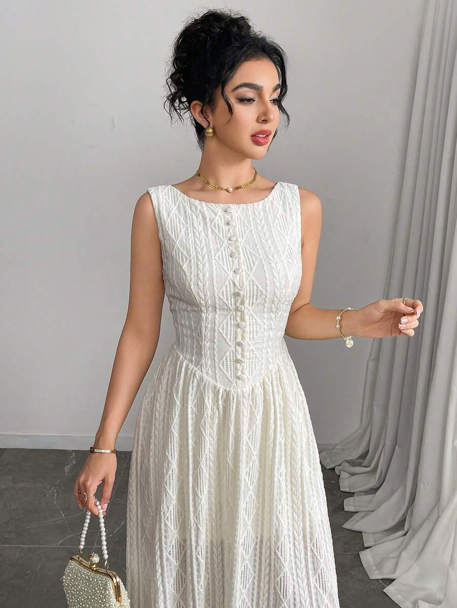 Modelyn Vestido Midi de Linha A com Cintura Franzida em Jacquard Elegante para Mulheres - Bege - Visão 1