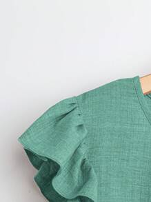 SHEIN LUNE 2件套女士纯色荷叶边领口纽扣上衣和松紧腰裤 - 綠色 - 查看 4
