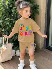 Baby Girl Casual Minimalist Short Sleeve Shorts Set, Suitable For Summer - Khaki - View 5