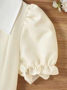 优雅领短款泡泡袖褶饰拼布高腰连衣裙，适合青少年，春夏季