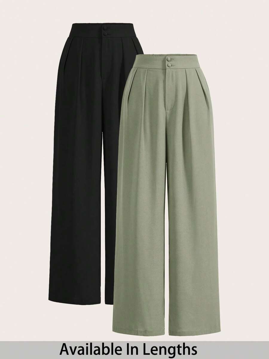 SHEIN PETITE CURVE 2 Pcs/Set High-Waisted Pants Multi-Piece Set, Black + Khaki Wide Leg Pants High Waist Fold Pleated Wide Leg Pants, Black Pants, Loose Fit, Long Pants,Summer Pants - Mint Green - View 1