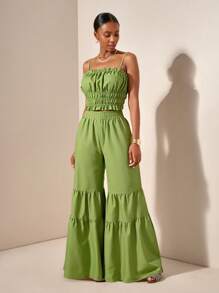 Zivah 20  Summer New Mother's Day Wedding Season Wedding Birthday Party Everyday Outing Basic And Versatile Leisure Vacation Internet Celebrity Hot Style Street Style Elegant Commuter Business Casual Suspenders With Ruffled Edges Cropped Skinny Suspender Top And Gathered Straight Wide-Leg Pants Pockets Multi-Layer Gathering Linen Bamboo Fabric Green Summer Suit Women's Two-Piece Suit - Green - View 7