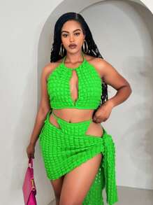 Slaydiva Plus Size Texture Bikini 3 Pieces Set - Suitable For Beach Vacation - Green - View 1