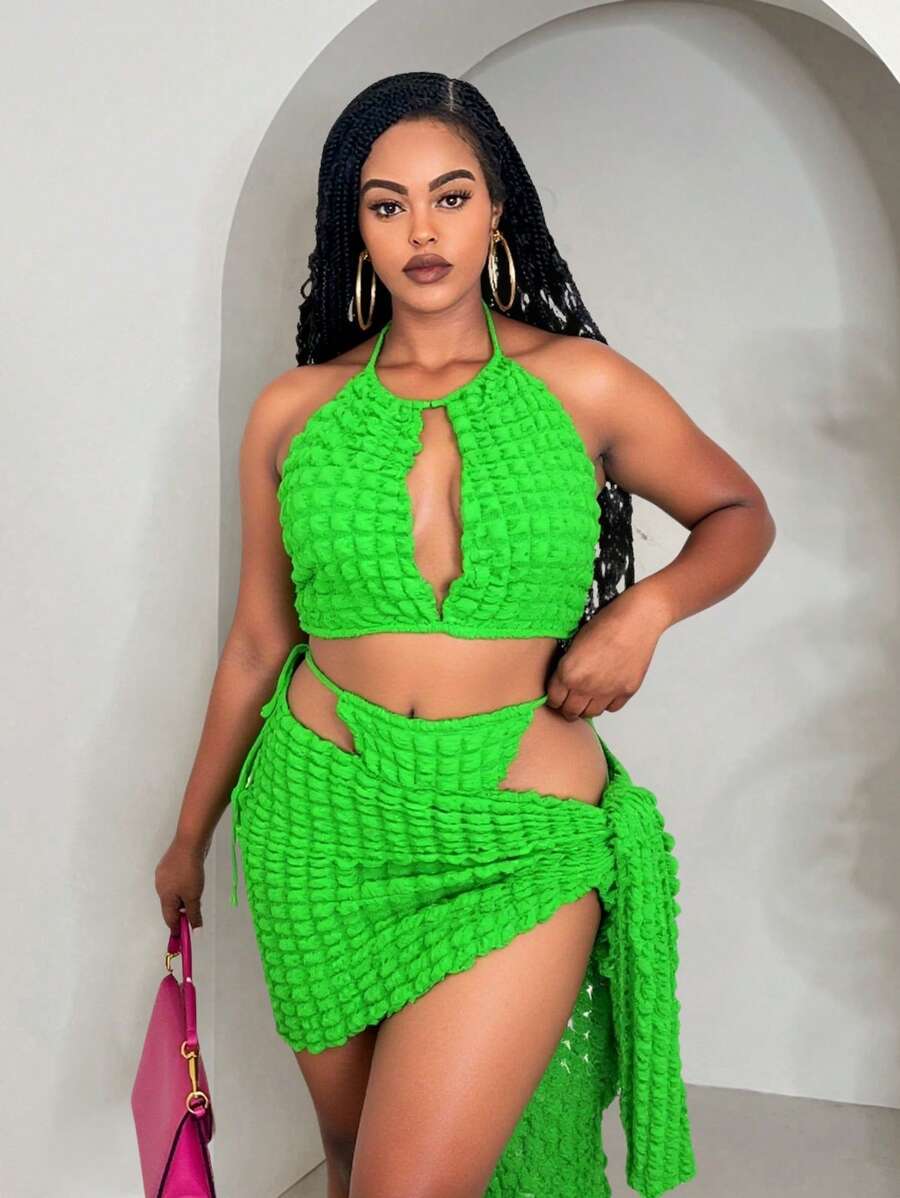Slaydiva Plus Size Texture Bikini 3 Pieces Set - Suitable For Beach Vacation - Green - View 1