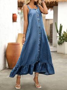 Breezaya 女式休闲水洗牛仔荷叶边连衣裙，夏季 - 中等水洗藍 - 查看 3
