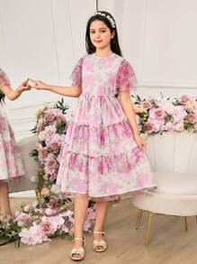 Tween Girls Elegant Floral Print Mesh Ruffle Hem Summer Dress - Pink - View 3