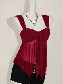 SHEIN ICON Women's Asymmetrical Hem Ruffle Mesh Camisole Top, Summer - Burgundy - View 3