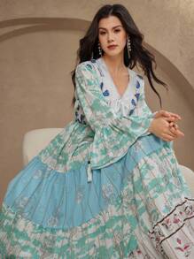 DAZY 夏季度假风格花卉V领女式中长连衣裙 - 綠色 - 查看 5