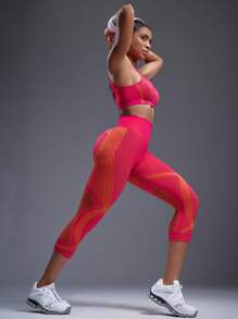 Powerista Women's High Waist Elastic Mesh Patchwork Sports Leggings Yoga Pants - Pink - View 2