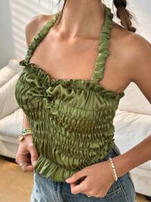 Jouncy Top de tirantes con cuello halter, plisado y con volantes en color liso para mujer, ideal para el verano - Verde - Ver 4