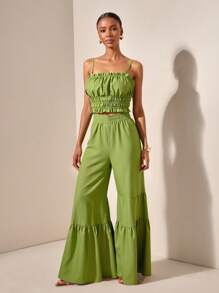 Zivah 20  Summer New Mother's Day Wedding Season Wedding Birthday Party Everyday Outing Basic And Versatile Leisure Vacation Internet Celebrity Hot Style Street Style Elegant Commuter Business Casual Suspenders With Ruffled Edges Cropped Skinny Suspender Top And Gathered Straight Wide-Leg Pants Pockets Multi-Layer Gathering Linen Bamboo Fabric Green Summer Suit Women's Two-Piece Suit - Green - View 3