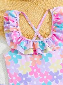 Young Girl's Cute Colorful Flower Print Double Layer Ruffled One-Piece Swimsuit With Mini Beach Skirt - Purple - View 3