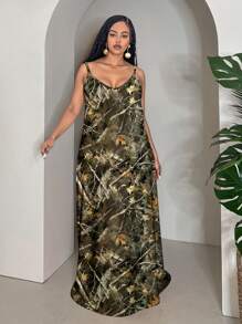 Slaydiva Vestido largo de tirantes con estampado total texturizado, sin mangas, talla grande, para vacaciones