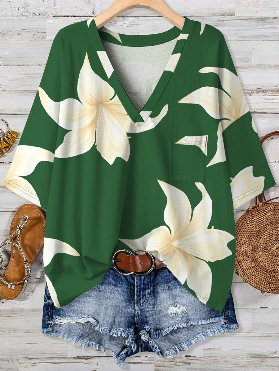 EMERY ROSE Plus Size Women Summer Casual Floral Print Loose T-Shirt,Flower/Vacation/Spring - Green - View 1