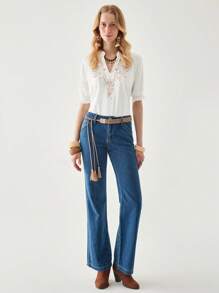 Women's Casual Blouse With Embroidered Detail And Puff Sleeves, V-Neck - Multicolor - View 5