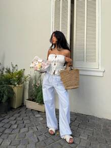 Sunnyshic White Lace-Up Hollow Ruffle Trim Bustier Top For Women - White - View 4