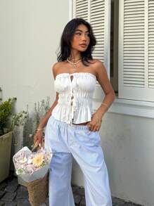 Sunnyshic White Lace-Up Hollow Ruffle Trim Bustier Top For Women - White - View 6