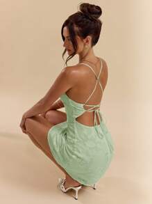 SHEIN BAE Spring And Summer Solid Color Pink Tight-Fitting Swing Collar Open Back Strap Texture Jacquard A-Line Ultra-Short Mini Dress For Women - Mint Green - View 7