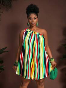 Slaydiva Bộ áo liền quần ống rộng không tay lệch vai in họa tiết sọc dành cho nữ cỡ lớn, trang phục mùa hè cho nữ, váy ngắn mùa hè cho nữ, quần áo mùa hè cho nữ, váy chống nắng cỡ lớn cho nữ, quần áo nữ. - Nhiều màu - Xem 1