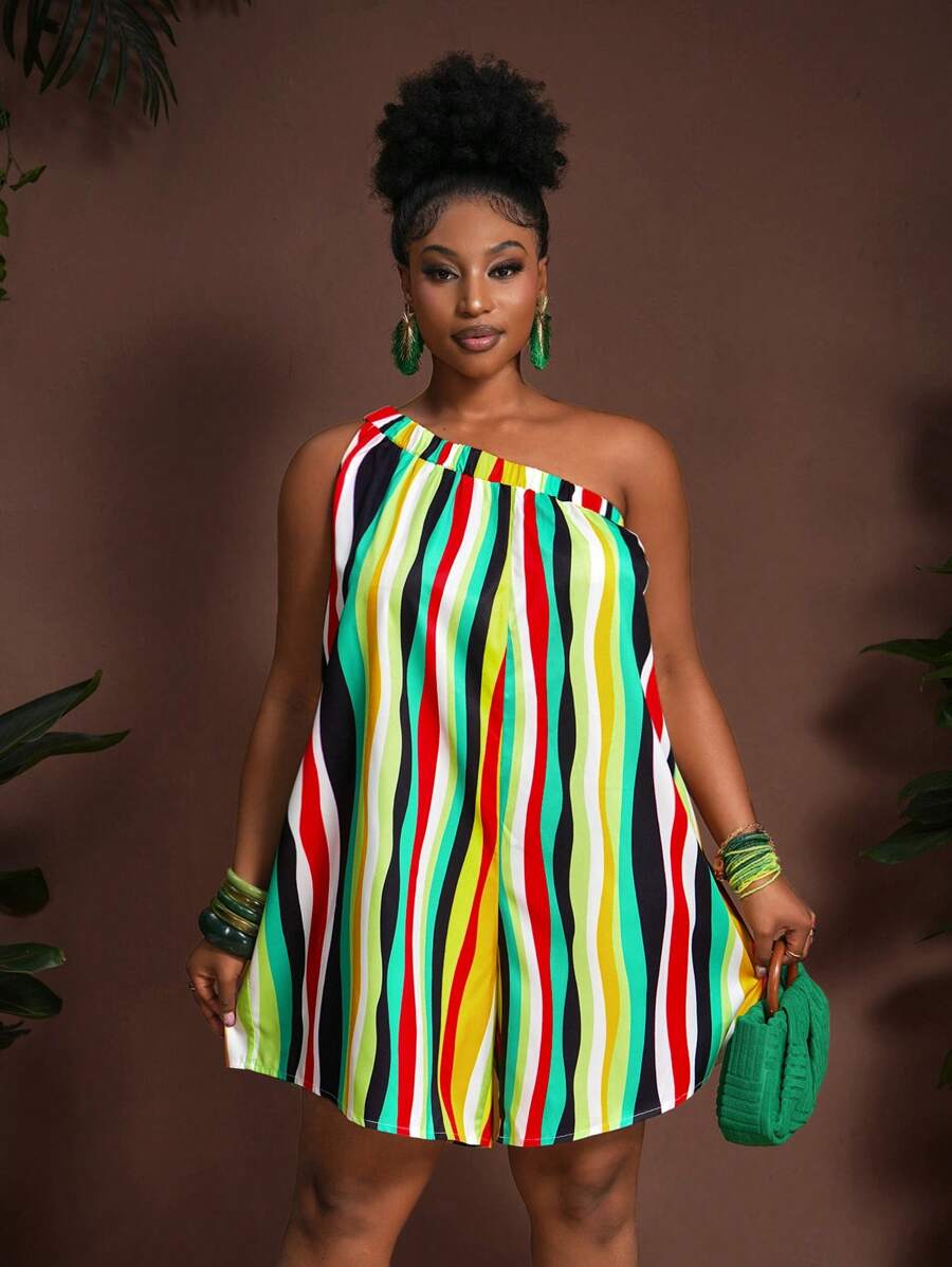 Slaydiva Bộ áo liền quần ống rộng không tay lệch vai in họa tiết sọc dành cho nữ cỡ lớn, trang phục mùa hè cho nữ, váy ngắn mùa hè cho nữ, quần áo mùa hè cho nữ, váy chống nắng cỡ lớn cho nữ, quần áo nữ. - Nhiều màu - Xem 1