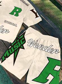 2pcs Teen Boys' Casual Classic Text, Cool Graphic Embroidery, Star Print Short Sleeve Round Neck T-Shirt And Shorts Set, Suitable For Summer - White - View 4