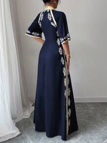 Rafferiza Women's Middle Eastern Style Retro Print Loose Casual Long Robe - Navy Blue - View 2