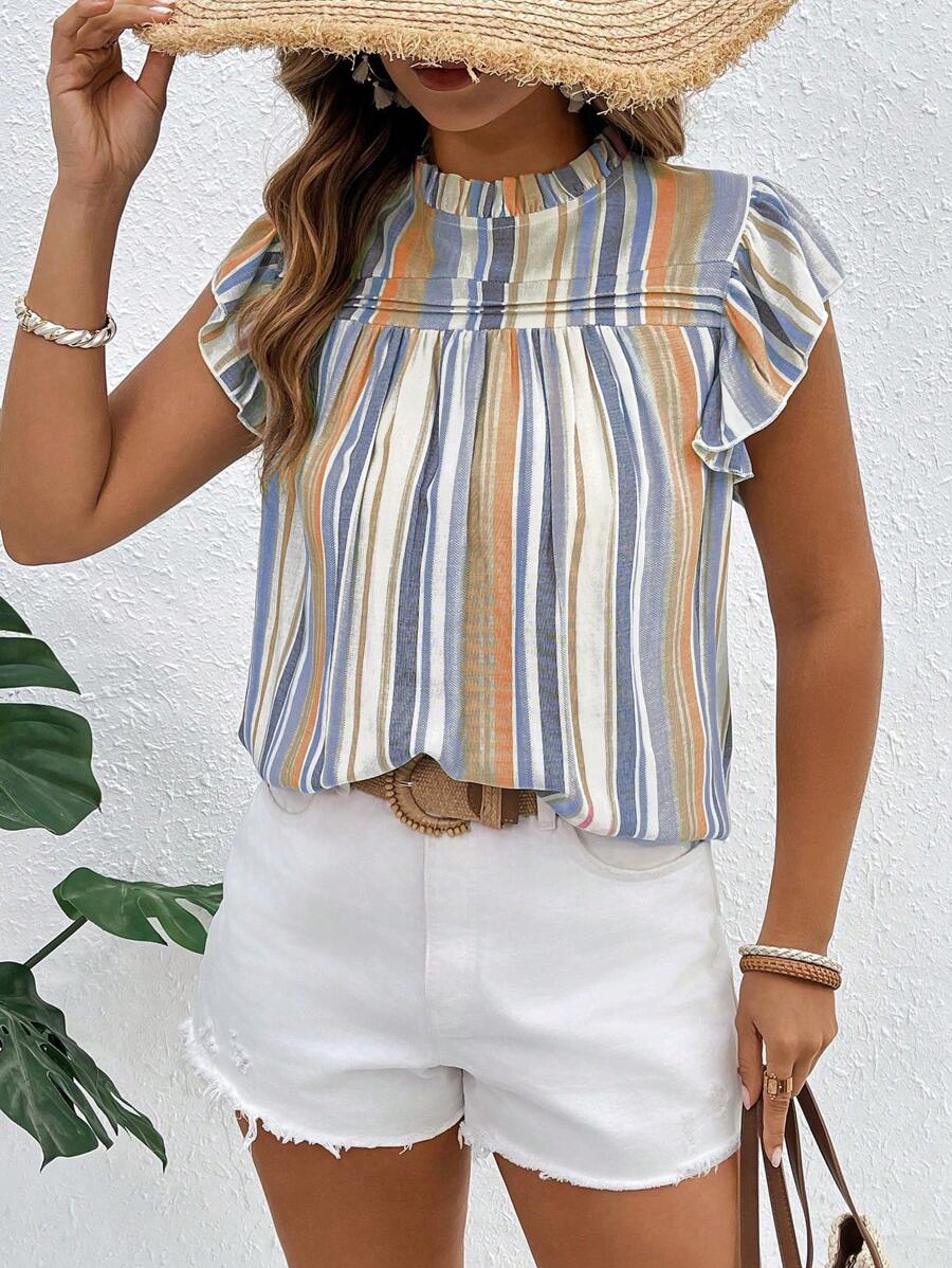 Flirla Plus Size Colorful Striped Small Stand Collar Frill Sleeve Blouse For Women - Multicolor - View 1