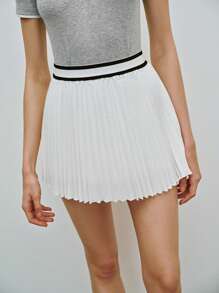Lumivelle Elastic Waist Contrast Color Pleated A-Line Sports Skirt - White - View 5