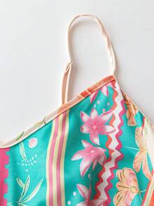Flirla Plus Size Summer Floral Print Jumpsuit With Spaghetti Straps - Apricot - View 4