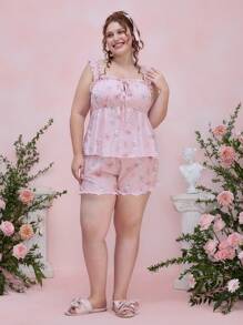 ROMWE Kawaii Plus Size 2 Pieces Set Rabbit & Bow Allover Print Casual Summer Pajamas - Baby Pink - View 8