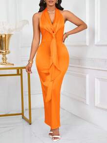 SHEIN Unity Women Sleeveless Halter Backless Long Dress, Solid Color For Summer - Orange - View 4