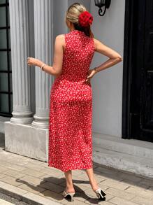 Pariaura French Casual Romantic Floral Print Shirt Collar Self-Tie Belt Sleeveless Dress For Women Polka Dot - Red - View 2