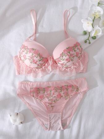 FloralLove 2pcs Floral Embroidered Romantic Pastoral Sweet Ladies Lingerie Set, Kawaii Bountiful Floral Splendor  Cozy And Elegant Details