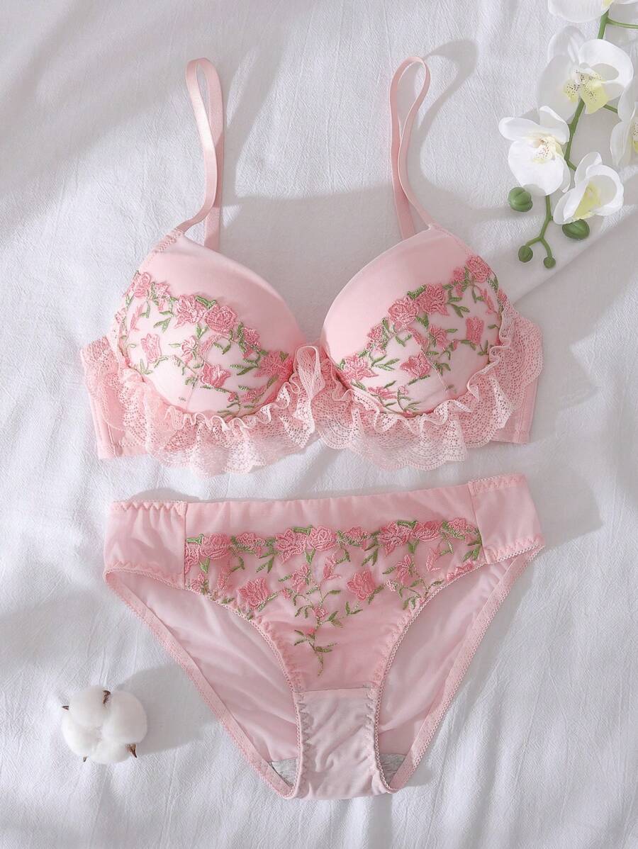 Dream Adore 2pcs Floral Embroidered Romantic Pastoral Sweet Ladies Lingerie Set, Kawaii Bountiful Floral Splendor  Cozy And Elegant Details